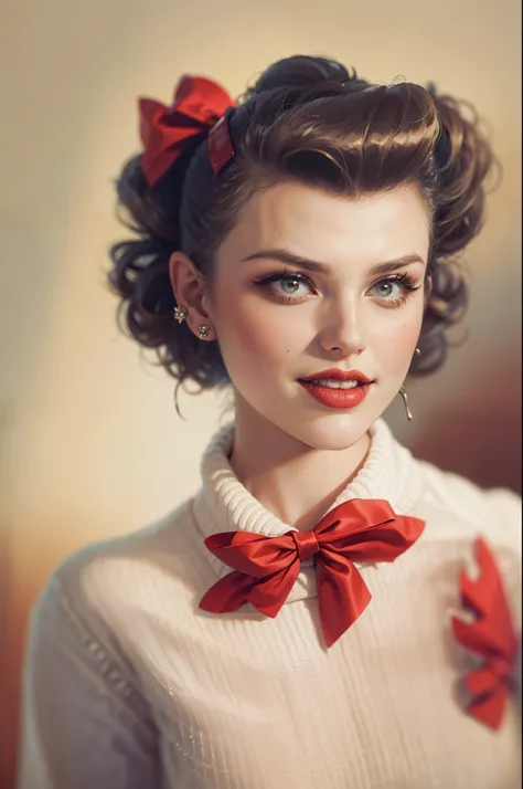 arafed woman with a red bow in a white sweater, retro 5 0 s style, vintage makeup, vintage colours 1 9 5 0 s, cozy 1 9 5 0s, rockabilly hair, 1950s vibes, 5 0 s style, 50s style, 1 9 5 0 s style, dressed like in the 1940s