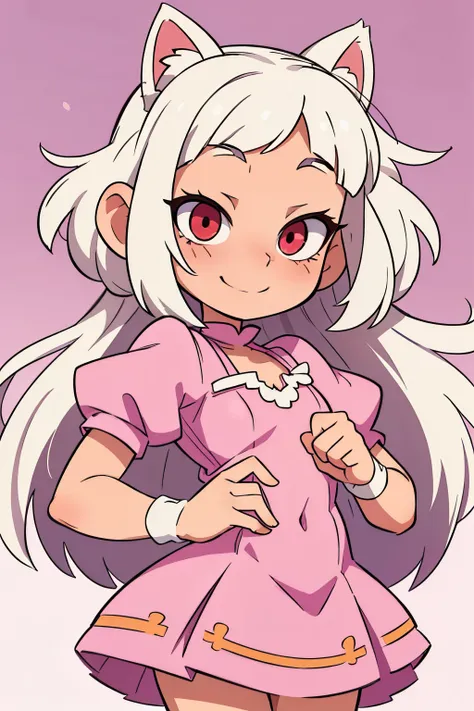 Human-cat hybrid, White hair, hair clips, tender red eyes, bandage on the right eye, cute pink and purple dress, Cheerful face