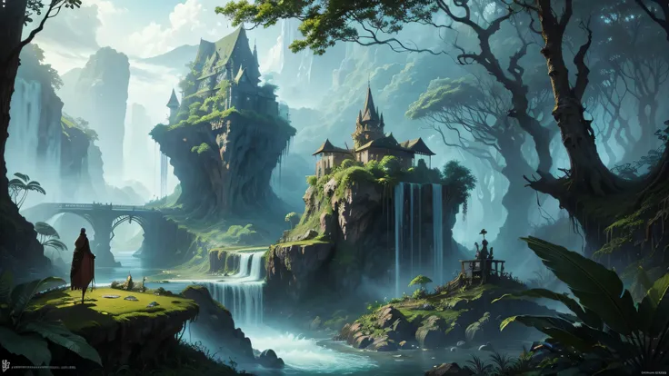 There is a waterfall in the middle of a tropical jungle, bela fantasia detalhada, fantasia altamente detalhada, fantasy scenic, arte digital de fantasia detalhada, Arte digital de fantasia 2D, arte digital detalhada de fantasia 2D, impressive paisagem de f...