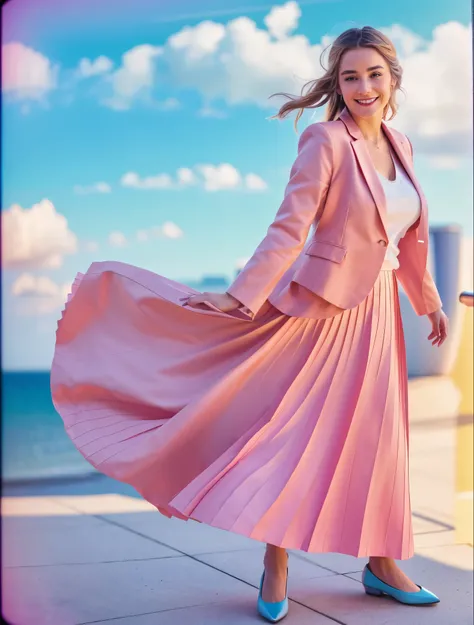 A smiling, authentic, (shy:1,3), kind, beautiful woman, completely alone in an empty space station, in love with her skirt, standing while wind lifts her skirt, wearing short blazer and very very detailed (long (fully pleated) full circle skirt) and (simpl...