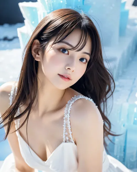 beautiful japanese woman　fine and beautiful eyes　Big eyes　(whole body:1.2)　Beautiful shiny black hair　asymmetrical bangs　Intricately messy super long hair　シンプルなwhiteのドレス　Dress with open chest　mini skirt　Detailed and perfect clavicle　Dense and beautiful che...