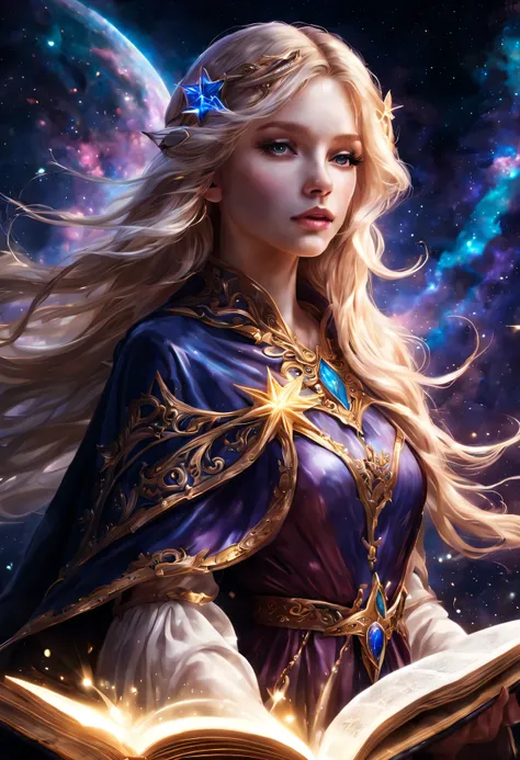 Elf Girl Star Spirit Mage，Beautiful and detailed lips and face，blonde flowing hair，A glowing magic book，star dress，Exquisite magic cloak、Landscape background of stars and galaxies、bright colors、mysterious atmosphere、ethereal beauty、artistic depiction、magic...