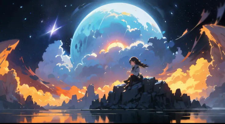 1 girl, eye, close, beautiful night sky, Meteors, beyond the clouds, surrounded water, reflection, wide angels, breathtaking clouds, wide angle, by makoto shinkai, thomas kinkade, james gilliard, by Holosomnia Landscape, HDR, volume lighting, ray tracing, ...