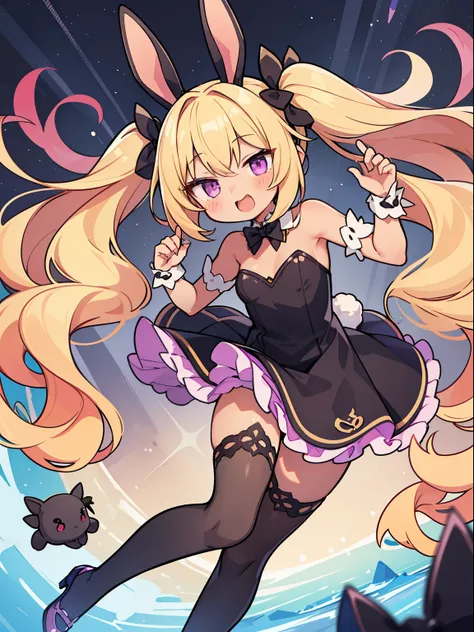 Cute Succubus, tights, blonde, Rabbit, twin tails, fantasy wonderland, 1 girl, brown skin, Purple eye, looking at the viewer, Tsundere, whole body, dynamic angle, game CG