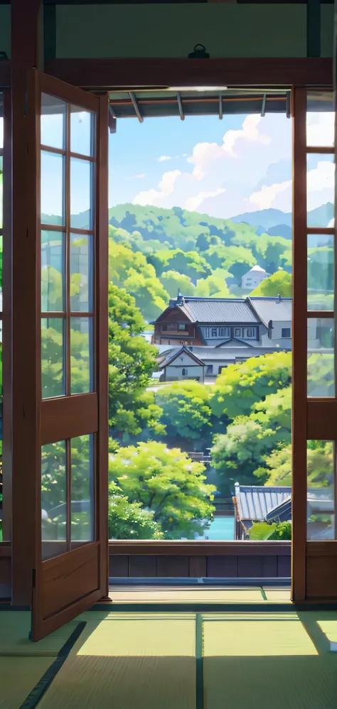 window frame, nature view, a japanese city