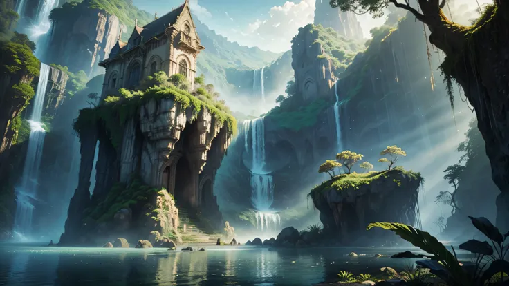 there is a waterfall in the middle of a tropical jungle, bela fantasia detalhada, fantasia altamente detalhada, fantasy scenic, ...