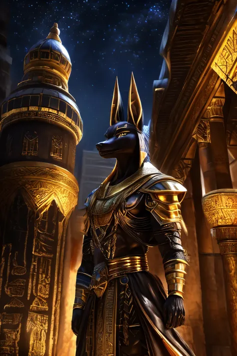 an anthropomorphic anubian jackal,black fur,gold highlights,leather armor,standing,building,arabian city,night,(best quality,4k,...