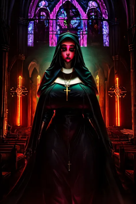 raw, analog) (gothic nun huge breast), set in the 1990's, surreal make up, leather clothes inside a gothic church at night, neon...