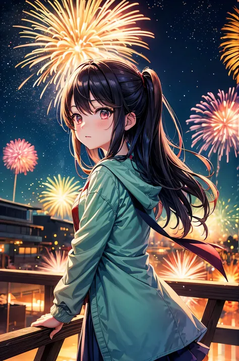 An anime girl at a fireworks festival, marveling at the colorful explosions in the night sky