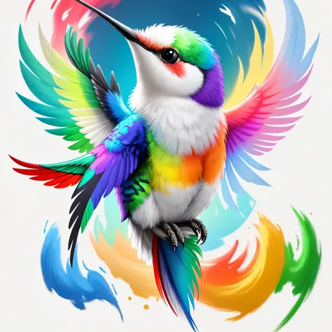 a colorful hummingbird painting on a white background, breathtaking rendering, inside a radiant connection, inspirado por Kinuko Y. Oficio,, elementos magicos, icono de gatito, Guau, es precioso, Lanza un hechizo multicolorido, bright destello, destello