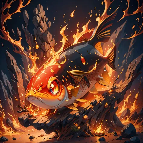 a cute fish covered in flames，there is a flame on the head，（（（flame pattern）））in the volcano，（（（masterpiece）））， （（best quality））...