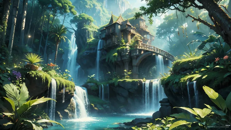 There is a waterfall in the middle of a tropical jungle, bela fantasia detalhada, fantasia altamente detalhada, fantasy scenic, arte digital de fantasia detalhada, Arte digital de fantasia 2D, detailed Arte digital de fantasia 2D, impressive paisagem de fa...