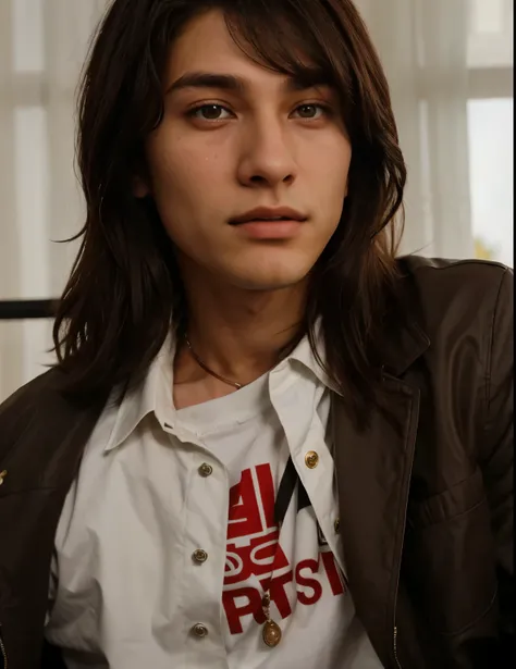 arafed man with long dark brown hair wearing a brown jacket and a white shirt, tommy 1 6 years old, xqc, steven jung, curtain bangs, androgynous face, vitaly bugarov, giga chad crying, portrait of jossi of blackpink, 1 7 - year - old boy thin face, vitaly ...