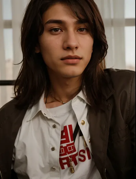 arafed man with long dark brown hair wearing a brown jacket and a white shirt, tommy 1 6 years old, xqc, steven jung, curtain bangs, androgynous face, vitaly bugarov, giga chad crying, portrait of jossi of blackpink, 1 7 - year - old boy thin face, vitaly ...