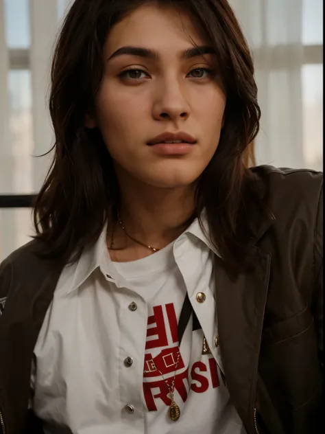 arafed man with long dark brown hair wearing a brown jacket and a white shirt, tommy 1 6 years old, xqc, steven jung, curtain bangs, androgynous face, vitaly bugarov, giga chad crying, portrait of jossi of blackpink, 1 7 - year - old boy thin face, vitaly ...