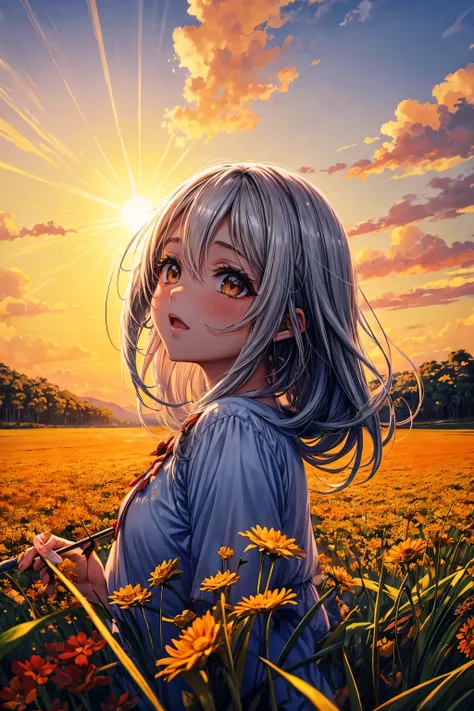 Uma garota anime em um campo de arroz, com o sol se pondo ao fundo, painting the sky with warm tones