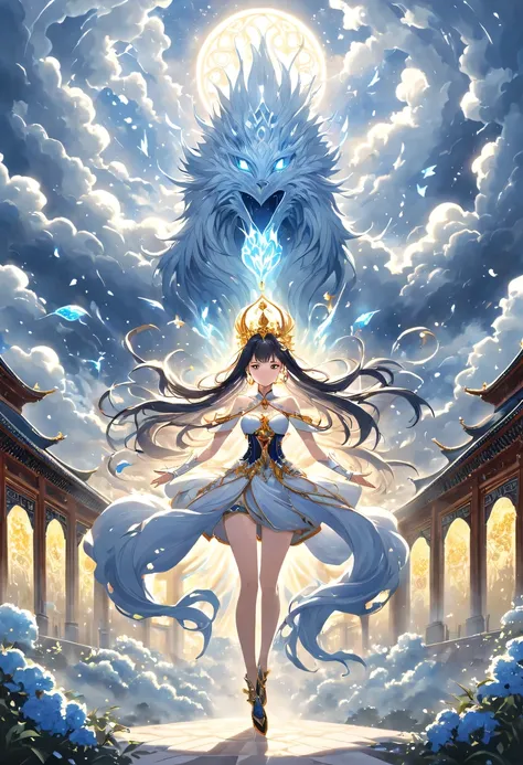 (Magical girl:1.8)，1 female，（violet dress），flowing tulle，Beautiful and elegant woman，Ride the majestic Phoenix，Soar into the clouds。The wind gently lifts her robe，as they gracefully move through the ethereal cloudscape，The sense of fLight is highLighted，((...