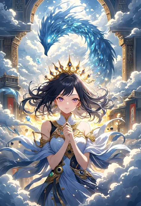 (Magical girl:1.8)，1 female，（violet dress），flowing tulle，Beautiful and elegant woman，Ride the majestic Phoenix，Soar into the clouds。The wind gently lifts her robe，as they gracefully move through the ethereal cloudscape，The sense of fLight is highLighted，((...