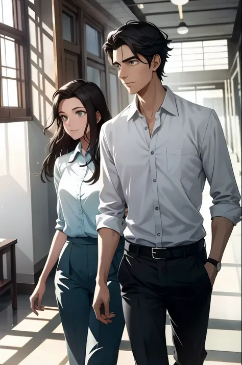 A serene animated scene unfolds in the bustling hallways of an Indonesian high school in Jakarta. Amidst the animated chaos of students, Arvez Ivander, with his dark hair gently swaying, stands out in his white shirt and grey trousers. Sunlight filters thr...