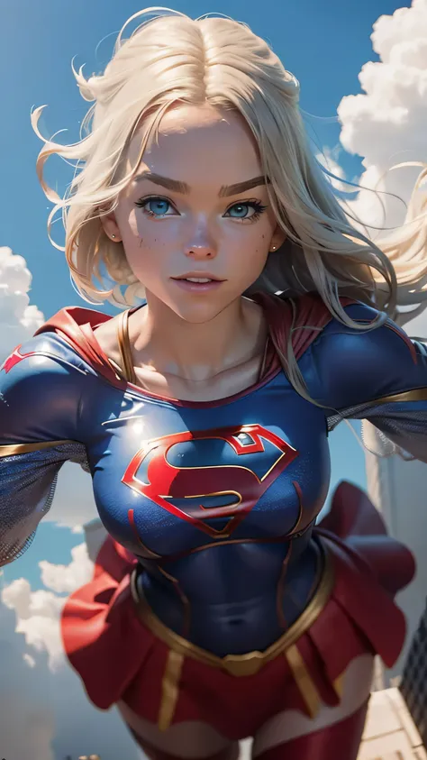 Gere uma imagem de Milly Alcock, como Supergirl em DC, flying in sky.
alta qualidade, ultra-realista, 36K