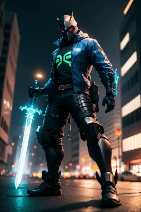 homem, techwear, casaco preto com detalhes azul neon, technological mask, black and blue sword action pose, efeitos de nevoa preta, cidade cyberpunk ,detalhado, HDR,A mais alta qualidade de imagem, alta qualidade, 8k,