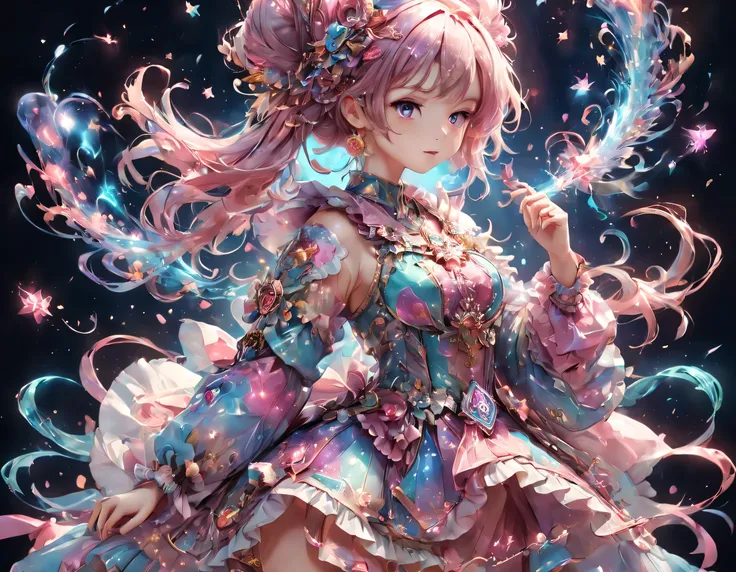 anime,An illustration,Magical girl,15 years old,Magical girlの衣装:be familiar with,magic effect,light,すごくlight, artistic, artist, Color art, Use of magic,fancy,fantasy,cute,最高にcute,最高masterpiece,masterpiece,3D,8K,Sparkling,rich colors,pastel colour,Cast colo...