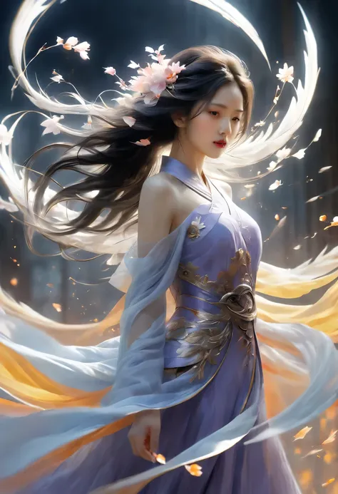 (Magical girl:1.8)，1 female，（violet dress），flowing tulle，Beautiful and elegant woman，Ride the majestic Phoenix，Soar into the clouds。The wind gently lifts her robe，as they gracefully move through the ethereal cloudscape，The sense of fLight is highLighted，((...