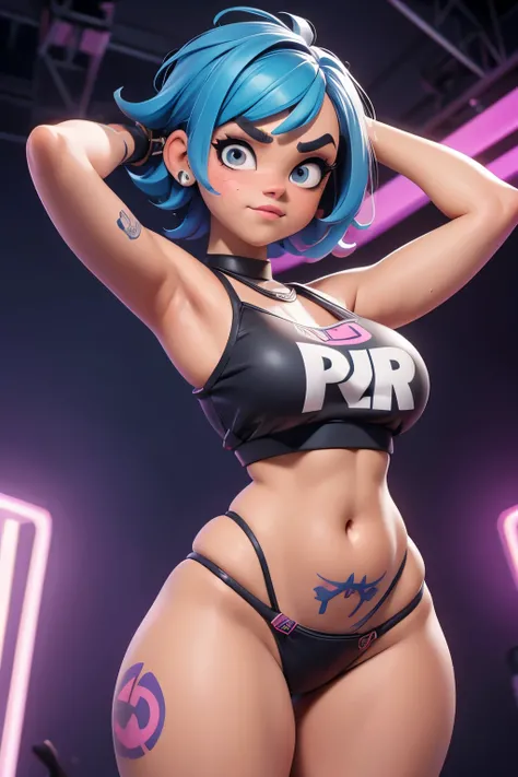 punk girl ((Jenna Ortega)), urban, voluptuous chubby belly, (((pixar))), dynamic pose, very tight micro string bikini, very short hair, thick eyebrows, very pale wet skin, coluptuous wide hips