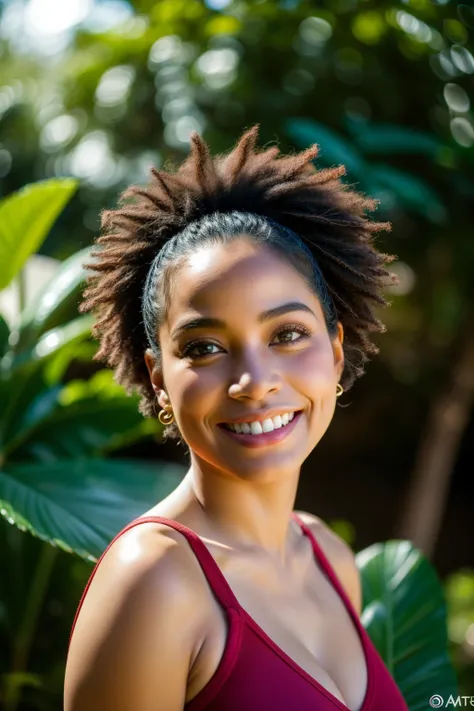 obra de arte, melhor qualidade,  uma mulher negra de pele escura vestindo um vestido rosa detalhado com manga ate os ombros e na altura do joelho. Sapato alto preto em um parque verde de dia. asymmetrical afro hair, sorriso, dentes, Insane Ultra Hiring, de...