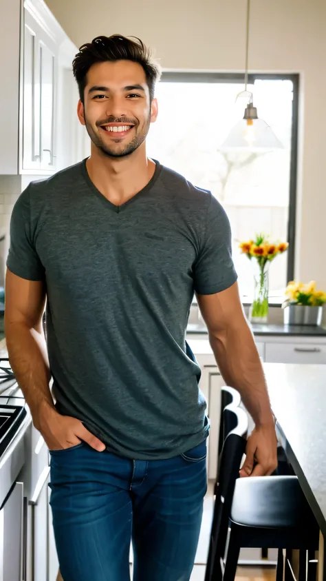 man Husband smiling, sitting in the kitchen, explaining the surprise visit of the wifes parents.