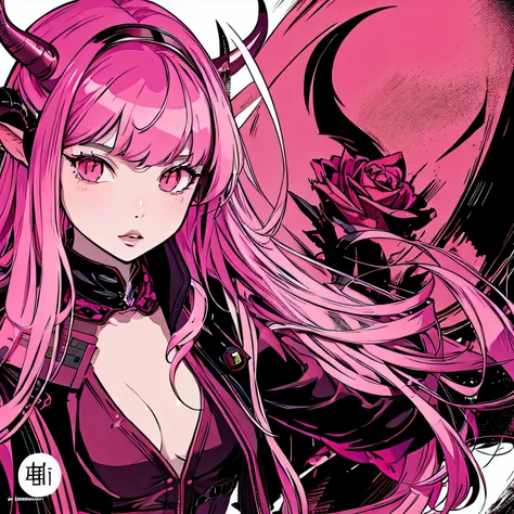 make a futuristic phonk music album cover with a portrait of a devil horned girl in rose colors