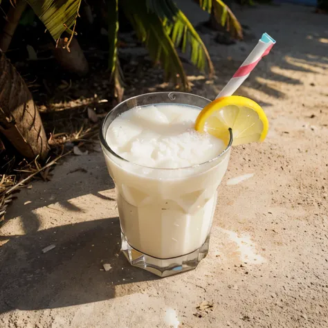 Generate a realistic, high-quality photo of a coconut drink from above, with a visual style optimized for advertising. The image should highlight the freshness and variety of elements. include an attractive composition, with vibrant colors and lighting tha...