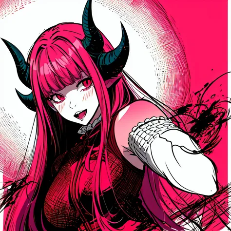 make a horror phonk portrait of a devil horned girl in rose colors