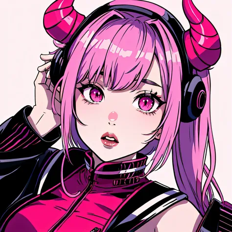 make a futuristic phonk music album cover with a portrait of a devil horned girl in rose colors