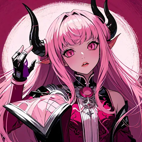 make a futuristic phonk music album cover with a portrait of a devil horned girl in rose colors