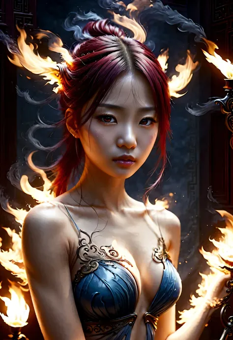 Best image quality, masterpiece level, ultra high resolution, realism, fantasy theme, arms, facial details, a girl, single, OK, Fairy tale theme, Upper body, Chinese architecture, flame, Get detailed outdoor lighting and lighting, Increase the detail of th...