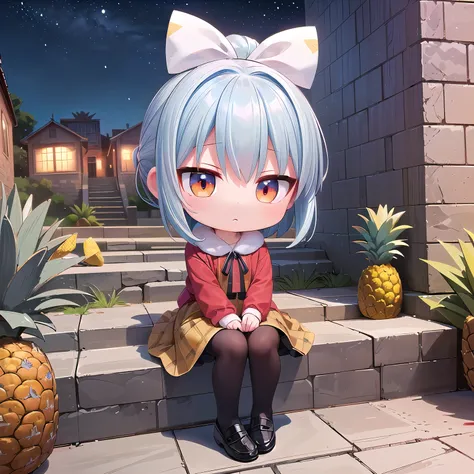 ((Chibi, miniature, REAL, pineapple, 3DCG, Nendoroid, 1 girl: 1.3)) ,(Masterpiece, almond-shaped eyes, glossy white-blue hair, short chignon hair, top quality, carefully drawn fingertips, beautiful anatomy : 1.4), (half body: 1.3), (Red cheeks, indifferenc...