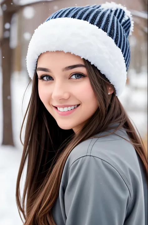 An effortlessly beautiful girl next door, over the shoulder shot, brown hair, snow (Happy, excited smile), fotoreal, Hyperrealismus, best quality, (natural skin structure, very detailed face), Meisterwerk, scharfer Fokus