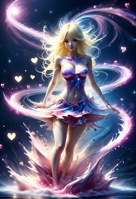 由五颜六色的星星制成的magic少女，magic，Starlight skirt，blond，water splash，hyper detailed masterpiece, Dynamic, good quality,pink love, Tempting, Tempting, enchanting, Heart PiaoDonM3l3m3nt4lXL, 