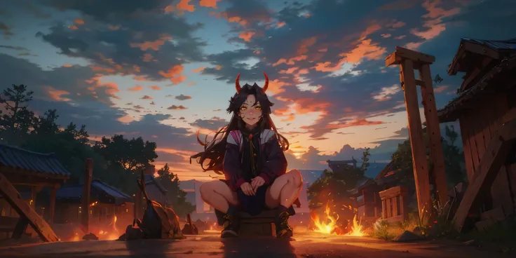 dominique_de_sade, black hair, long hair, yellow eyes, black hair, yellow eyes, forehead, 1girl, long_hair, sky, cloud, solo, outdoors, horns, wide_shot, fire, reflection, cloudy_sky, long_sleeves, skirt, animal_ears, very_long_hair, sitting, black_hair, l...