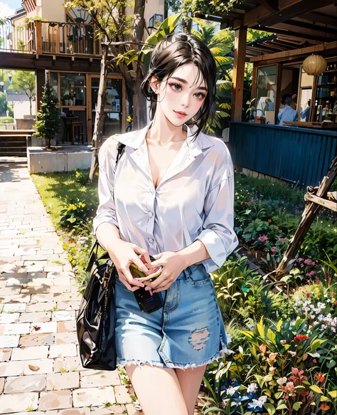 araffe woman in a white shirt and denim skirt posing for a picture, white trendy clothes, wearing a blouse, white shirt and jeans, white blouse, wearing a white blouse, wearing a light shirt, sakimichan, korean girl, wearing a white button up shirt, beauti...