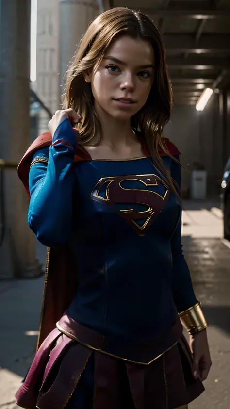 Gerar uma imagem da atriz Milly Alcock, vestida como DC Supergirl. alta qualidade, ultra-realista, 36K