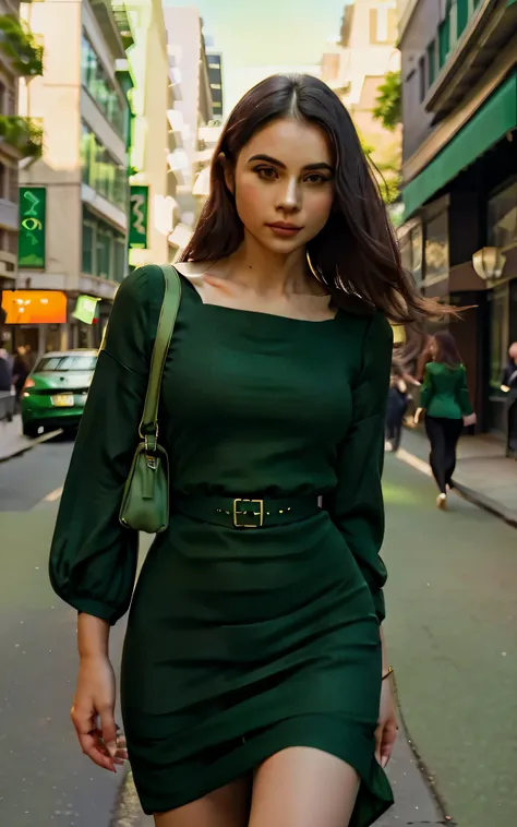 araffe woman in a green dress walking down a city street, green dress, dark green dress, she wears a dark green dress, dark gree...