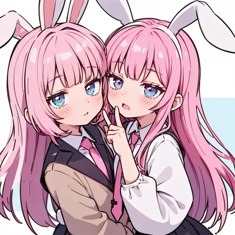 anime girl with pink hair and a tie holding a pair of scissors, anime moe artstyle, with index finger, ddlc, soft anime illustration, cute anime face, lolish, with bunny ears, , in an anime style, flat anime style shading, anime ears, cute anime style, ani...