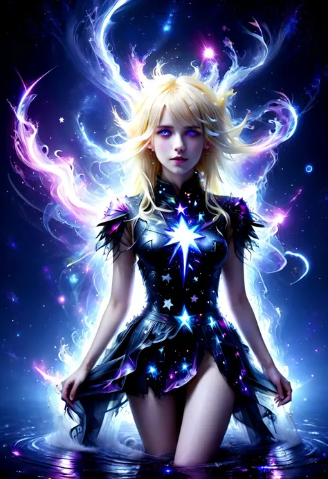 hyper detailed masterpiece, Dynamic, high quality,Dark magic，Magical girl made of colorful stars，Lightning magic，Starlight skirt，blond，water splash