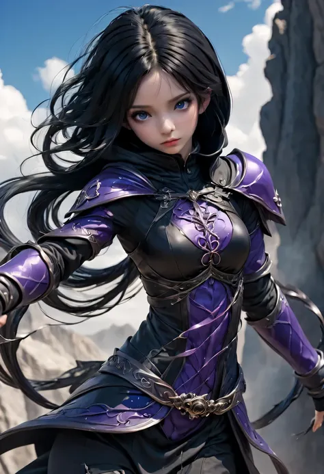 Adult mage girl wearing hooded robe and gothic armor with black details，旁边还有一个穿着长袍的成年magic少女., There was a serious expression on his face, Straight black hair tied up, Black hair is an extraordinary beauty, Gorgeous, blue eye color, Purple sky and magnific...