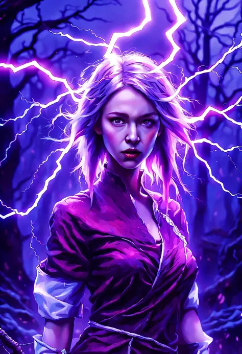 Magic plants， Magical girlfrom the abyss, Magical girl,Blood-red vines stare at the dead souls，charm，，Fear，(Wrapped purple magic lightning:1.5), epic magic power, vines sparkling, Strong current, epic thunderstorm, Strong visual impact, Surrealism, crazy, ...