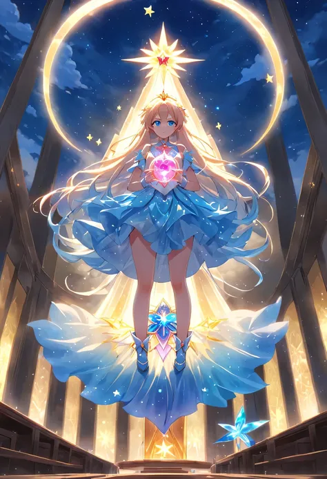 (Magical girl stands on top of the altar:1.5)，Her long hair spreads out in all directions like a flowing spring，dancing gently in the wind，It is as if connected to heaven and earth。She holds the sun, Moon and stars in her hands，Bright light shot from her p...