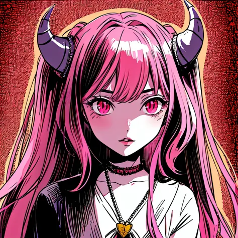 make a horror phonk portrait of a devil horned girl in rose colors