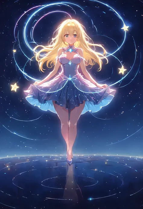 Magical girl,Star,Starlight,masterpiece,best quality,human development report.ultra high definition.4K,8k,k,Very detailed,Super fine,extremely detailed description,professional, 1 girl, Volumetric light, 1 girl, blonde hair,medium bust, long hair, best qua...